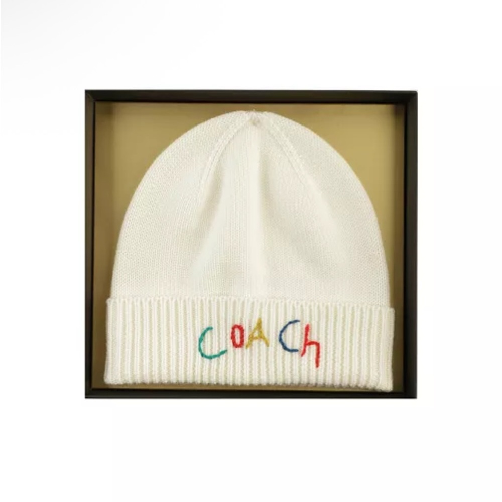 Coach Kids Cream Knit Hat with Colorful Letters